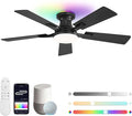 ZMISHIBO 42 Inch Ceiling Fans with RGB Lights, Low Profile Flush Mount Ceiling Fan with Alexa/App/Remote, Dimmable 20W LED Light, Black Modern Fan for Living Room, Bedroom, Game Room