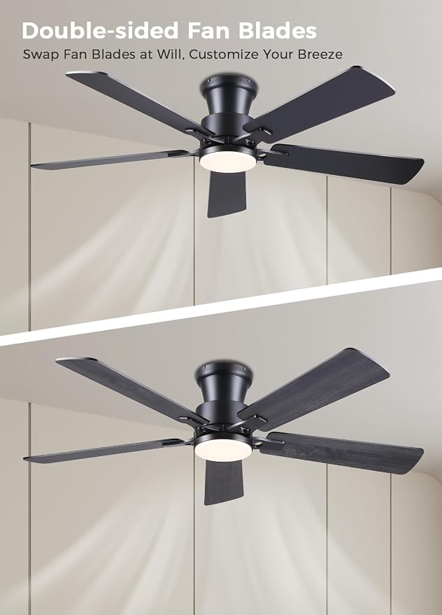 JSAITEE 52" Ceiling Fans with Lights Flush Mount Low Profile, Black | Ceiling Fans with Lights Flush Mount Ceiling Fan,Low Profile,Reversible Motor,3CCT Dimmable,Noiseless, 6 Speeds, Black Modern