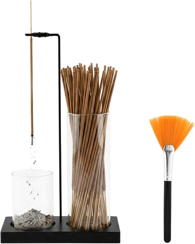 2 in 1 Incense Holder for Sticks, Glass Incense Burner Holder with Storage, Upside Down Incenses Holders with Glass Ash Catcher for Home Meditation Yoga Spa Room(Color:Black)