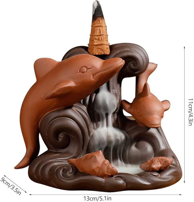 Backflow Incense Waterfall Burner, Cute Cone Holder Dolphin Decor Purple Clay Smoke Fountain Aromatherapy Ornamental with 10 Incense Cone Gift for Home Room Office Desk Indoor Meditation Yoga