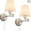 VONLUCE Wall Sconce Set of 2, Plug in & Hardwired Swing Arm Wall Lamps, Adjustable Wall Mounted Lighting Fixtures, Modern Wall Lights with Nickel Base White Fabric Shade for Bedside, Hallway, Study