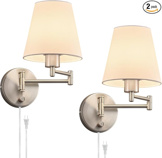 VONLUCE Wall Sconce Set of 2, Plug in & Hardwired Swing Arm Wall Lamps, Adjustable Wall Mounted Lighting Fixtures, Modern Wall Lights with Nickel Base White Fabric Shade for Bedside, Hallway, Study