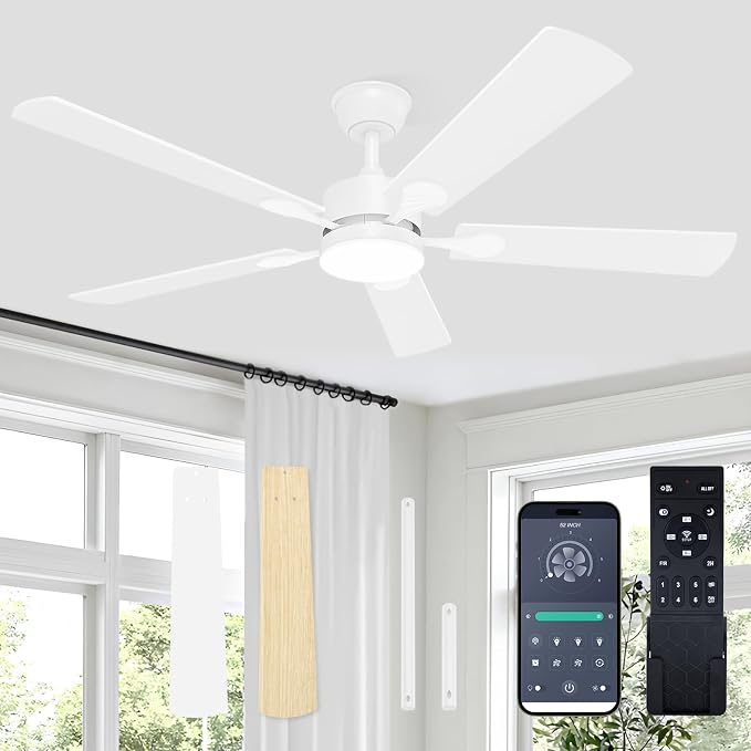 VOLISUN Ceiling Fan with Light, 52 inch Flush Mount Ceiling Fan with Lights and Remote, Dimmable LED Fan Light, Low Profile Ceiling Fan, White Modern Ceiling Fan for Bedroom, Indoor/Outdoor
