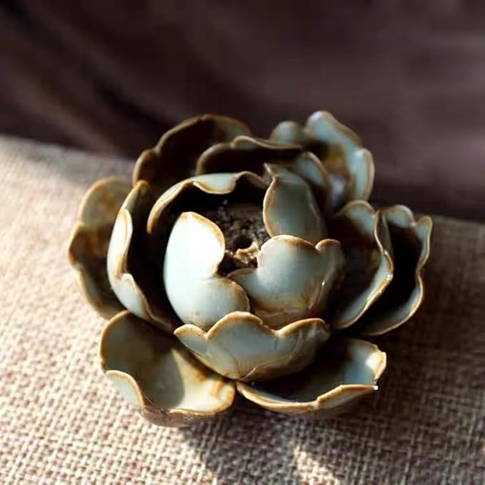 Collectible Handmade Chinese Ceramics, Medium Peony Ceramic Incense Stick Holder, Handicraft Flower Lotus Incense Burner Bowl Ash Catcher Inscent Tray for Home Decor and Gift, 2.55 Inch, Green