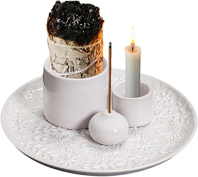 Incense Burner, Sage Palo Santo Candle Sticks Holder for Burning with Ash Catcher Tray, Handmade Ceramic Multi-Use Aromatherapy Tray for Meditation, Yoga, Home Decor (White)