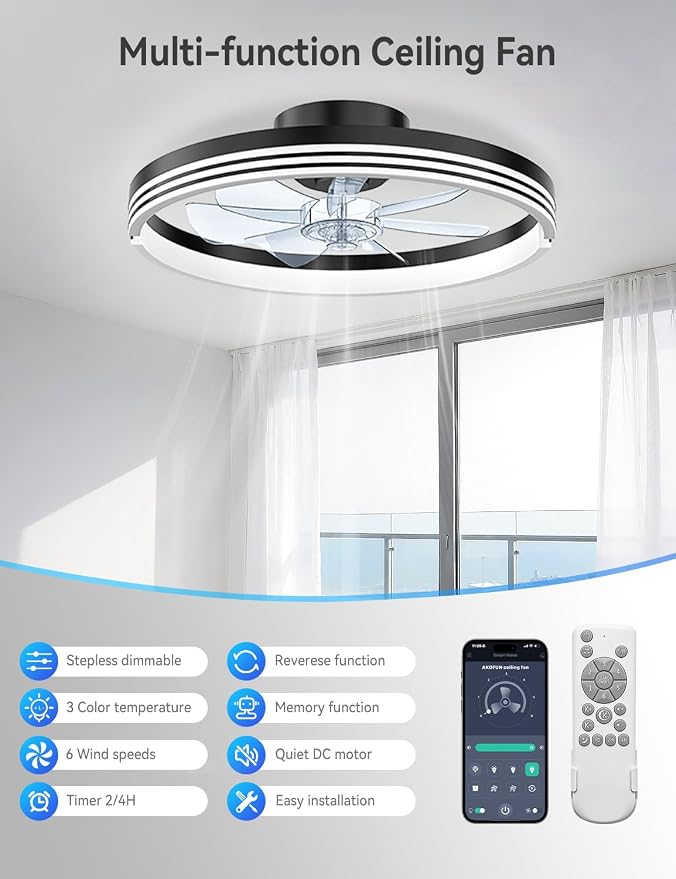 AKOFUN 18" Ceiling Fans with Lights and Remote, Low Profile Flush Mount Ceiling Fan with Light, 3000-6500K Dimmable LED Fan Light, Modern Bladeless Fandelier Ceiling Fans for Bedroom, Black Stripes