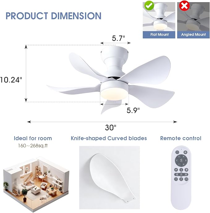 PHORUS 30" White Modern Low Profile Flush Mount Ceiling Fans with Lights | Super Large Airflow with 6 Wind Speeds, Reversible, Dimmable 3 CCT LED, 30W Noiseless DC Motor,Timer, for Bedroom Kitchen