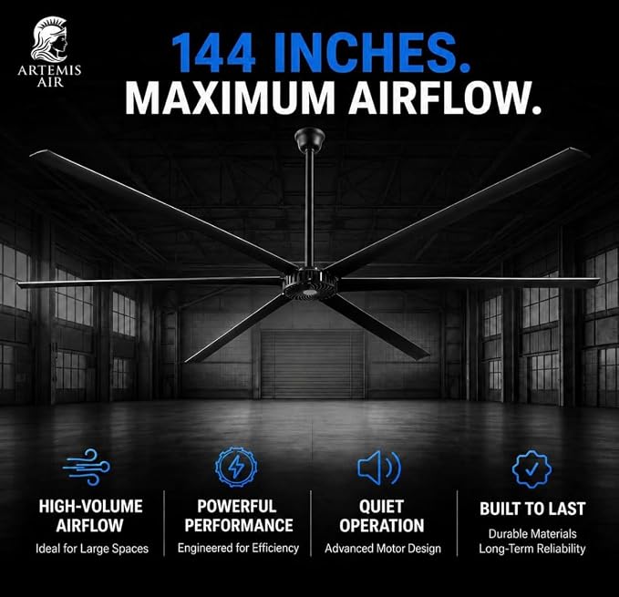 144-Inch HVLS Industrial Ceiling Fan Large Commercial Ceiling Fan +32,000 CFM with Remote, PMSM Motor, 6 Speeds, Reversible, for Warehouse, Gym, Barn, Shop, Garage | AA-Orion 144" (Black)