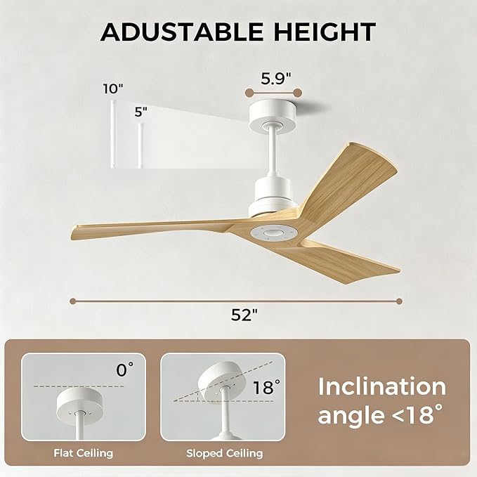 Obabala Ceiling Fan 52 Inch with Remote, Solid Wood Blades DC Motor 5000 CFM Quiet 35dB, Reversible 6 Speed Modern Farmhouse for Bedroom Living Room Indoor Outdoor, No Light with Downrod