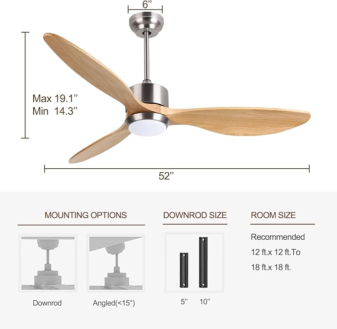 Ovlaim 52 Inch Wood Ceiling Fan with Light, Quiet DC Motor, Smart 6-Speed | 30dB Quiet, Light Wood Blades, 3-Color Dimmable, Memory Function, Reversible Motor, Bedroom Living Room