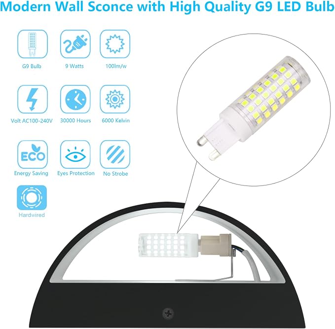 Aipsun Indoor Black Modern LED Wall Sconce Interior Wall Lights Set of 2 Hardwired Up and Down Wall Mount Light for Living Room Bedroom Hallway Corridor Cool White 6000K(with G9 Bulbs)