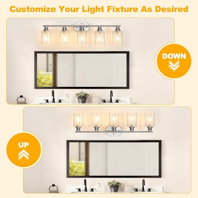 Unicozin Bathroom Light Fixtures, 5 Light Vanity Lights for Bathroom, Brushed Nickel Wall Lamp with Clear Glass for Mirror, Living Room, Hallway, Cabinet, E26 Base