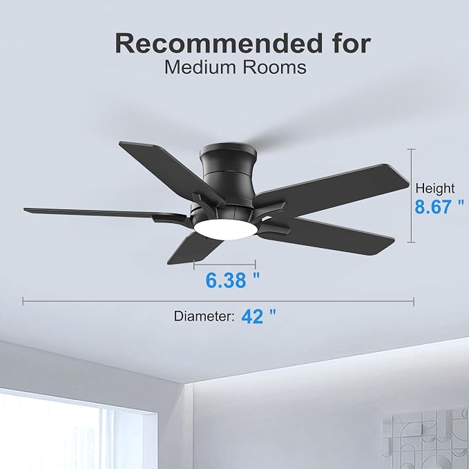 POCHFAN 42 Inch Black Ceiling Fans with Lights and Remote, Flush Mount Low Profile Ceiling Fan for Bedroom, Living Room, Patio, Dimmable 6 Speeds Noiseless Reversible, ETL Listed