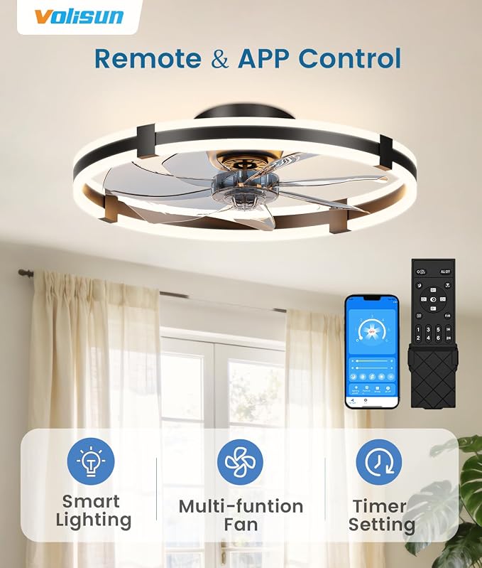 VOLISUN Ceiling Fans with Lights and Remote, 23.6in Low Profile Ceiling Fans with Light, 3000K-6500K Dimmable Fandelier Ceiling Fan, Black Flush Mount Ceiling Fan for Bedroom