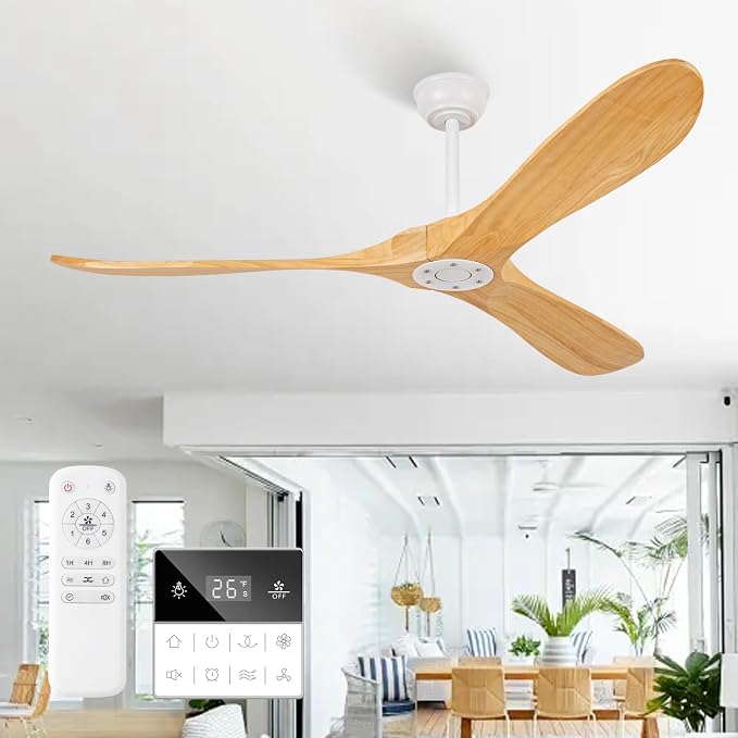 60 Inch Natural Wood White Ceiling Fan No Light,Propeller Outdoor Ceiling Fans Without Lights with Wall Switch and Remote Control,Quiet DC Motor,3 Blades Ceiling Fan for Patios,Pavilion