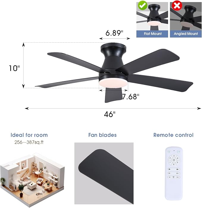 46"Modern Black Low Profile Flush Mount Ceiling Fans with Light and Remote | Super Large Airflow with 6 Wind Speeds, Reversible, Dimmable 3CCT LED Light, Quiet 30W DC Motor,for Bedroom Kitchen
