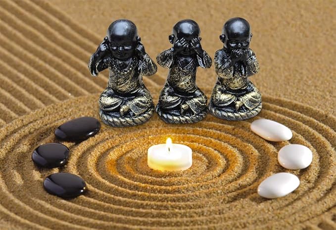 Zen Garden Meditation Garden 3 Buddha See, Speak, Hear No Evil Statues, Incense Holder, Incense, 2 Tea Light Holders, Rocks, Sand, Rake (Candles Not Included)