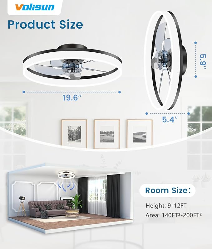 VOLISUN Low Profile Ceiling Fans with Lights and Remote, 20in Fandelier Ceiling Fan Flush Mount, 3000K-6500K Smart Bladeless LED Fan Light, Black Modern Ceiling Fans with Lights for Bedroom