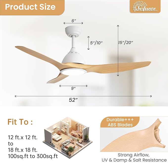 Sofucor 52 Inch Outdoor Ceiling Fans with Lights, Indoor Modern Ceiling Fan with 3 Plastic Blade, Quiet, Dimmable, High 7000CFM 6-Speed 3-Timer Reversible DC Motor, for Bedroom Living Room, Log-color