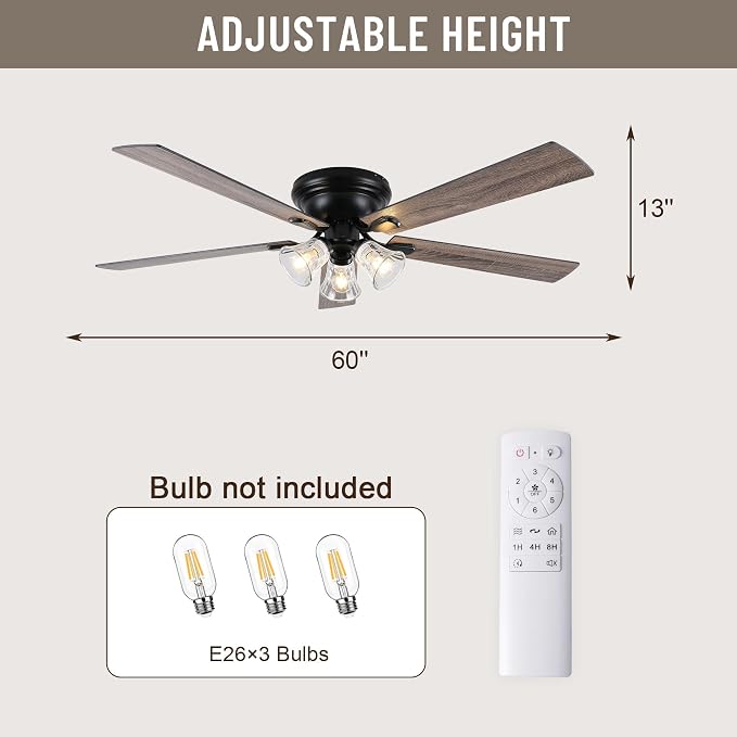 60'' Flush Mount Ceiling Fan with Light and Remote Control | 3 Clear Seeded Glass Light Fixtures,6 Speed Reversible DC Motor,Ceiling Fan with Light forCovered Porch Great Room Villa