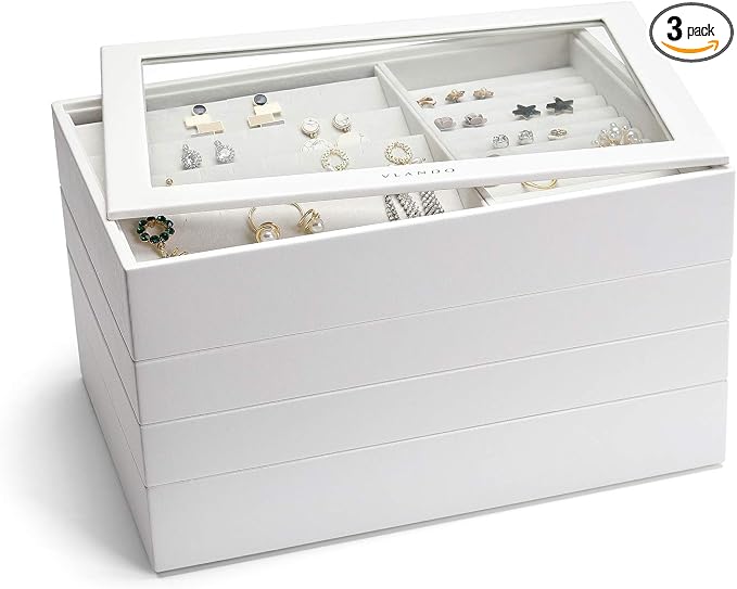 VLANDO Stackable 4-Layer Jewelry Tray - Multipurpose Jewelry Accessories Display Storage and Organizer for Earring Necklace Bracelet Ring, White with Clear Lid