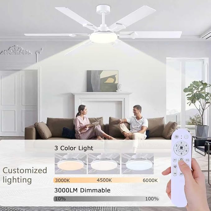NKPU 66 Inch White Ceiling Fans with Lights, Modern Large Ceiling Fan with Remote & APP Control, Reversible DC Motor, 6 Double-Sided Blades, 6 Speeds, Silent, Timer, for Living Room Indoor Outdoor