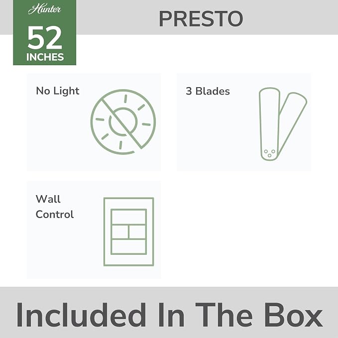 Hunter Presto, Indoor, Ceiling Fan, Wall Control, 52 inch, Matte Nickel | For Bedroom, Living Room, Kitchen, Home Office, 52409