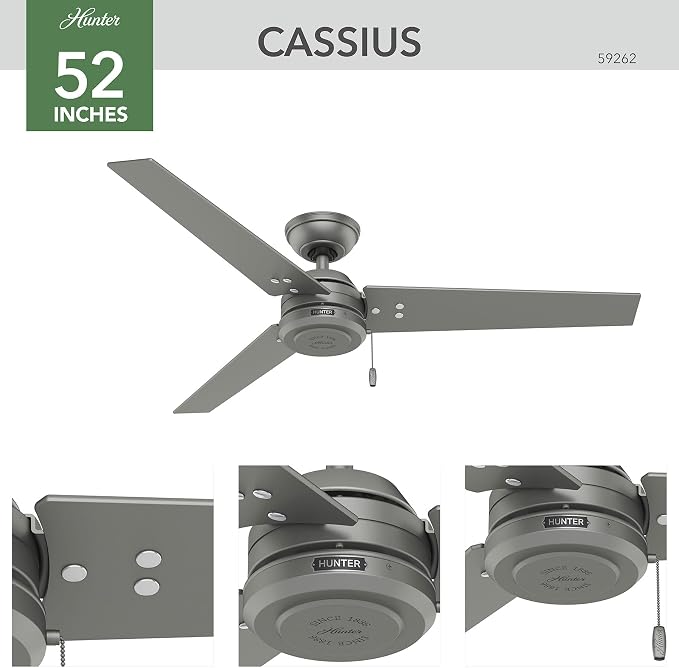 Hunter Cassius, Outdoor or Indoor, Ceiling Fan, 52 inch, Matte Silver | No Light, Standard Mount, Pull Chain, 3 Blades, For Living Room, Patio, Porch, Garage, 59262