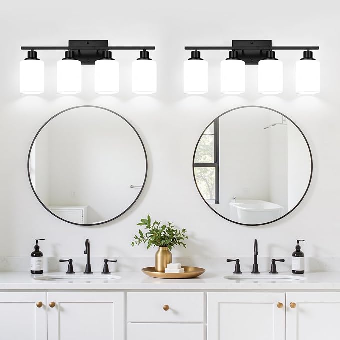 Indoi 4-Light Bathroom Light Fixtures, Matte Black Modern Vanity Lights with Milky White Shades, Bathroom Wall Lamp for Mirror Living Room Cabinet Bedroom Porch