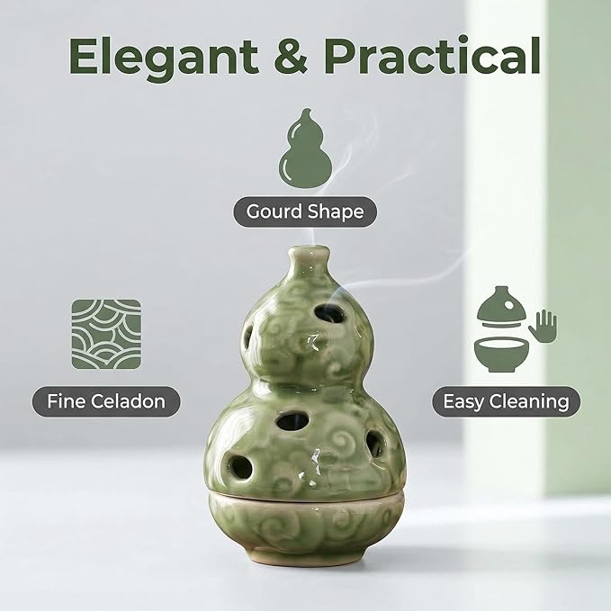 Ceramic Incense Burner, Incense Holder Suitable for Incense Sticks, Cone Incense, Palo Santo, White Sage, for Spiritual Cleansing, Stress Relief, Meditation Accessories (HuLu)