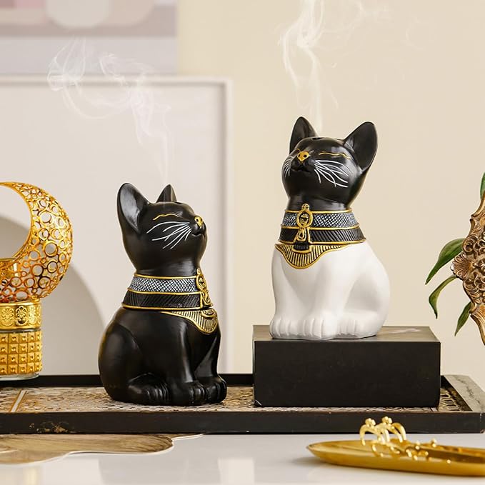 Egyptian Cat Statue Incense Burner, Vintage Resin Meditating Cat Incense Cone Holder, Home Office Aromatherapy Decor for Zen Yoga Spa (Black White)