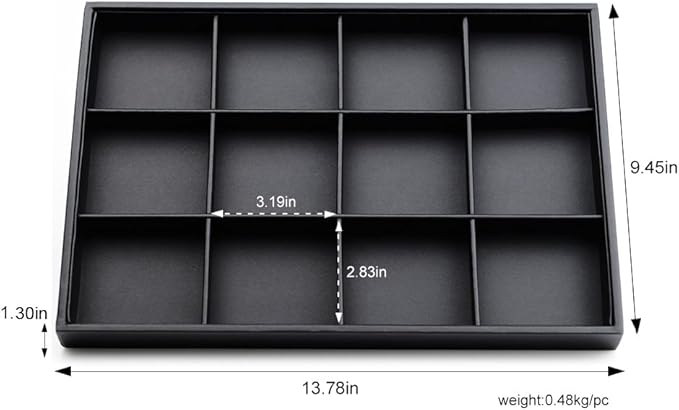 Oirlv Black Leather Necklace Tray 12-Grid | Black Leather Exterior, Soft Velvet Interior, 13.78"X9.45"X1.18" with 12 Removable Grid Inserts, Organized Necklace Storage