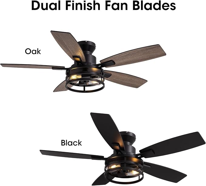 46 Inch Ceiling Fans with Lights and Remote Control, Flush Mount Black Ceiling Fan with Light, Industrial Retro Style, Indoor for Bedroom Living Room 8837X