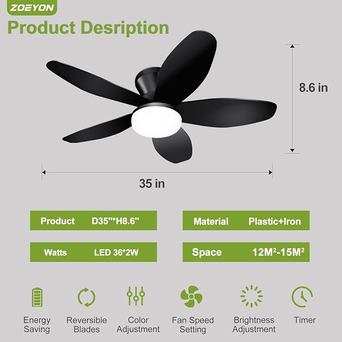 Small Ceiling Fan with Light - 35 Inch Flush Mount Ceiling Fan with Lights and Remote, Low Profile Ceiling Fans with 5 Reversible Blades, 6 Wind Speeds, Black Ceiling Fans for Bedroom