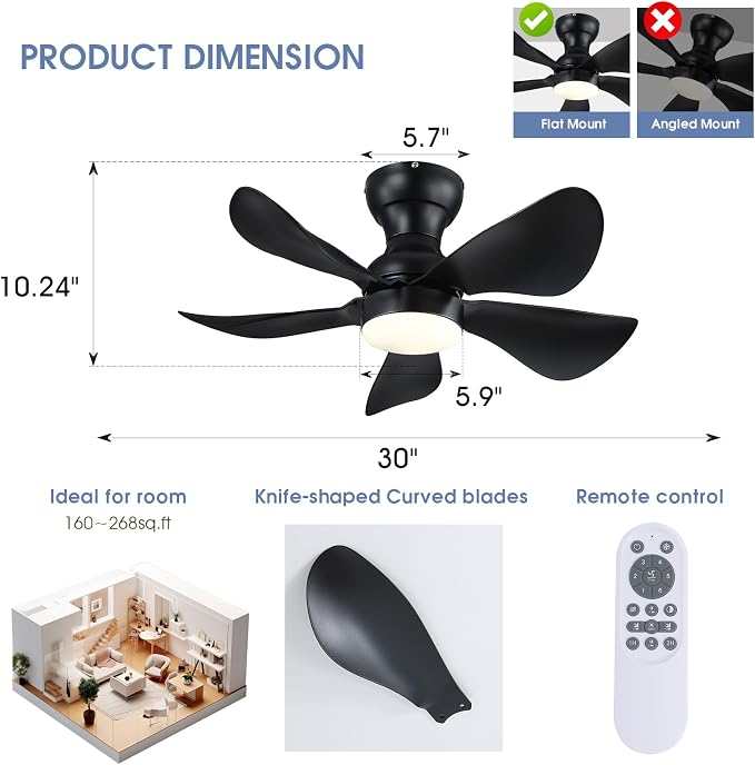 PHORUS 30"Black Low Profile Flush Mount Ceiling Fans with Lights and Remote | Super Large Airflow with 6 Wind Speeds, Reversible, Dimmable 3 CCT LED, 30W Noiseless DC Motor,Timer, for Bedroom Kitchen