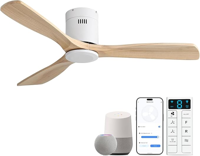 Sofucor 52 Inch Smart Ceiling Fan Without Light Flush Mount Solid Wood Ceiling Fan with Alexa/Google/APP/Remote Control-Modern Outdoor Ceiling Fans No Light for Bedroom/Patio/Indoor,Natural Wood&White