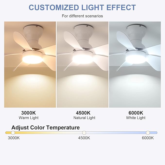 PHORUS 30" White Modern Low Profile Flush Mount Ceiling Fans with Lights | Super Large Airflow with 6 Wind Speeds, Reversible, Dimmable 3 CCT LED, 30W Noiseless DC Motor,Timer, for Bedroom Kitchen