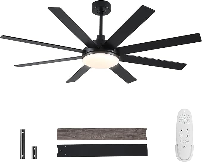 62 Inch Ceiling Fans with Lights and Remote Control, Black | Wooden Blades,Reversible Quiet DC Motor, 6-Speed, 3CCT Dimmable LED, Timer for Living Room, Bedroom, Office