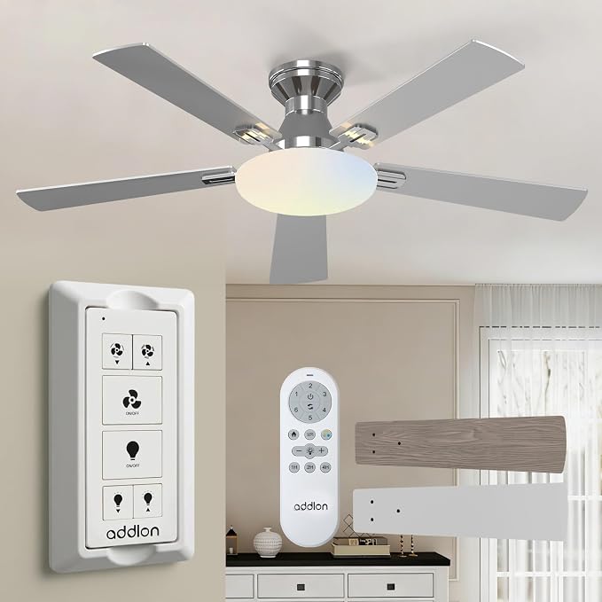 addlon Ceiling Fans with Lights, 52 inch Flush Mount Ceiling fan with Remote Control, Wall Remote, Reversible, 3CCT, Dimmable, Noiseless DC Motor, Nickel Low Profile Ceiling Fan for Bedroom, Farmhouse