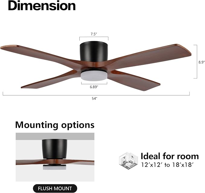 WINGBO 54 Inch Flush Mount DC Ceiling Fan with Lights and Remote, 4 Reversible Carved Wood Blades, 6-Speed Noiseless DC Motor, Hugger Ceiling Fan in Matte Black Finish with Walnut Blades