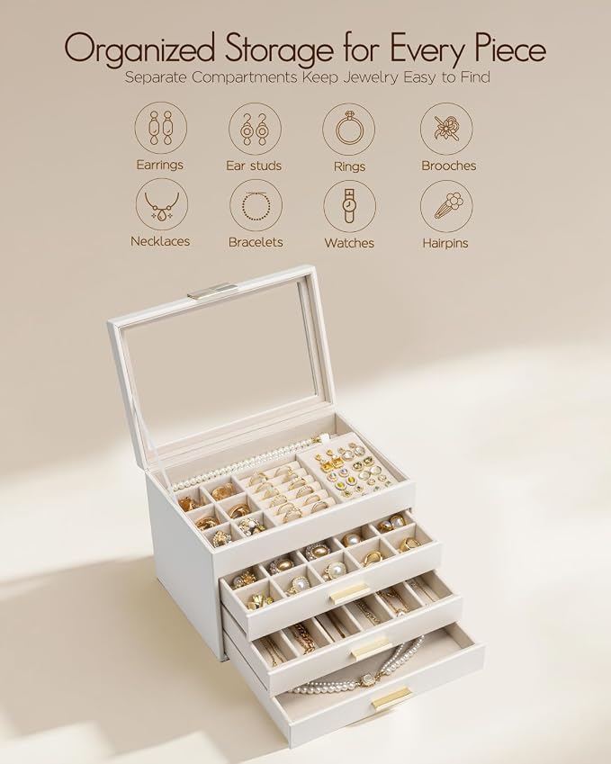VLANDO Jewelry Box Organizer for Women, 4-Layer Jewelry Storage Case with Glass Lid, Gold Handle, 3 Drawers for Rings, Earrings, Necklaces and Bracelets - Cloud White