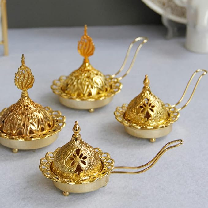 Veemoon Arabian Incense Burner, Frankincense Cone Charcoal Burner Vintage Bakhoor Arabian Diffuser Metal Oud - Stove Cover and Bowl - Gold Aroma Incense for Home Decoration