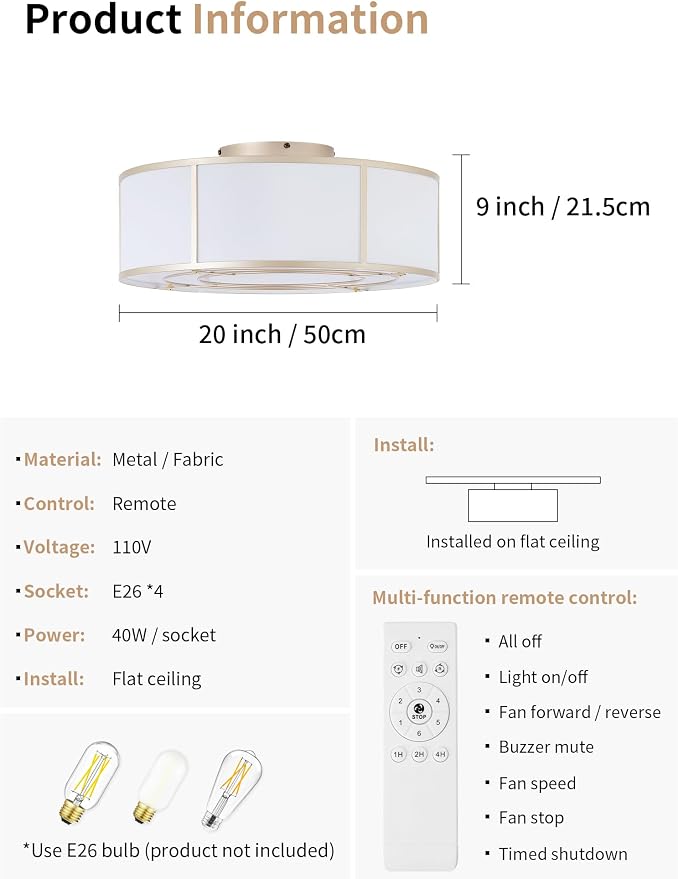 hummingbird 20inch Low Profile Caged Ceiling Fans with Lights, Flush Mount Ceiling Fan with Lights and Remote, Bladeless Modern Enclosed with 6 Speeds for Bedroom, Kitchen, Gold