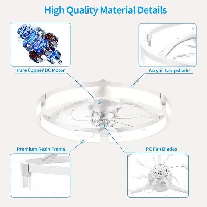 Ceiling Fans with Lights and Remote, 20'' Low Profile Ceiling Fan, 1-6 Wind Speeds, 3000-6500K Dimmable Flush Mount LED Fan Light, Modern Fandelier Ceiling Fans for Bedroom