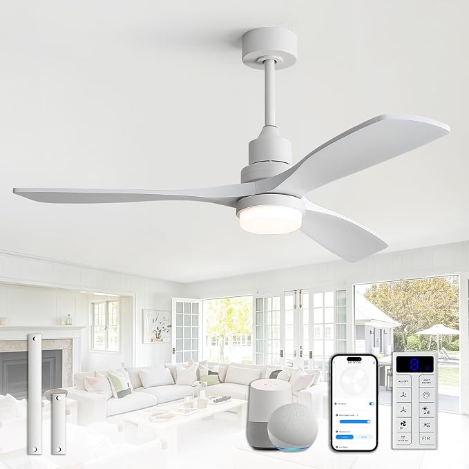 Sofucor 52 Inch Smart Ceiling Fans with Lights for APP/Remote/Voice Control | Downrod Mount, White Wood Blade,1/4/8 H Timer, 3CCT Dimmable 6 Speed, Quiet DC Motor, Outdoor Bedroom/Living Room/Patio
