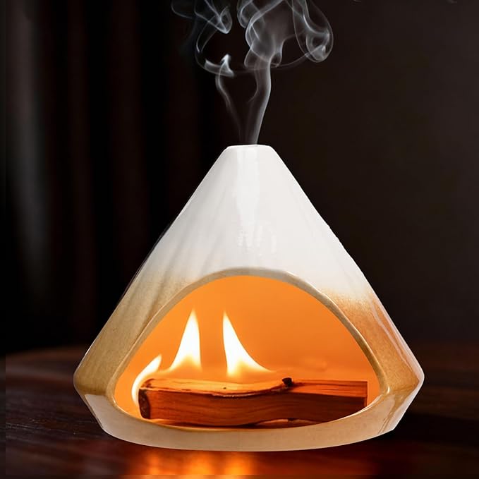 Ceramic Sage Smudging Holder, Pyramid Design Incense Burner with Smoke Outlet, 4.7 x 4.5 x 0.39 Inch, Black and White Glazed Finish (Yellow)