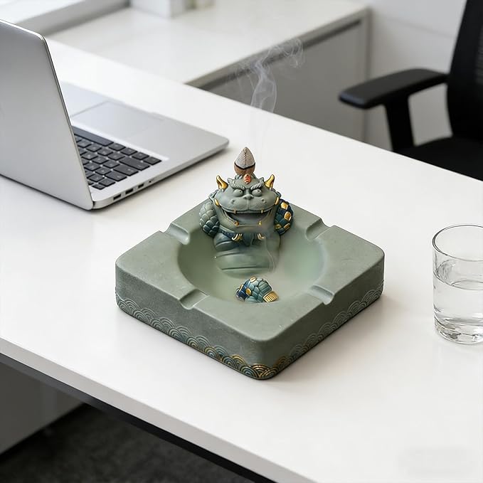 Pixiu Backflow Incense Burner with Ashtray, Mythical Beast Resin Incense Holder & Wealth Guardian Statue, Waterfall Smoke Effect Decor for Desk, Home Office Zen Gift