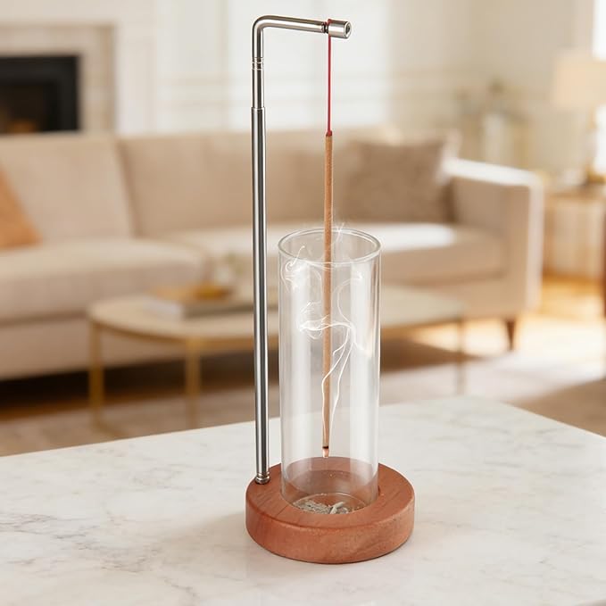 EMETE Incense Holder with Glass Ash Catcher, Retractable Wooden Incense Burner Fits Short, Long & Extra-Long Incense Sticks, Mess-Free Ash Catcher for Meditation Yoga Decor