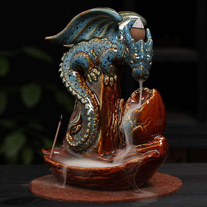Dragon Incense Burner Holder - Egg Backflow Waterfall Cone Incense Holder, Ceramic Unique Pterosaur Incense Burner with Cones & Sticks for Halloween/Aromatherapy/Yoga/Home/Room/Office Deco