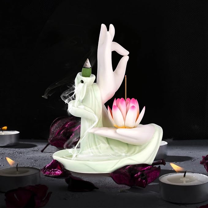 Backflow Incense Holder Buddhist Culture，Waterfall Incense Burner Buddha's Hand and Colorful Lotus Pattern，Aromatherapy Ornament Home Décor Nice Gift for Friends Families